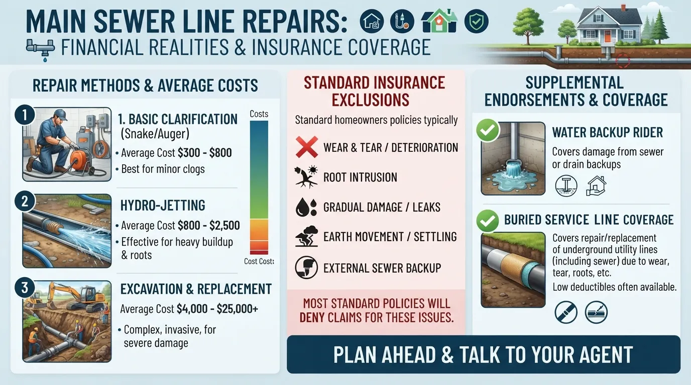 Detailed breakdown chart showing what homeowners insurance covers regarding main sewer line blockages and repairs