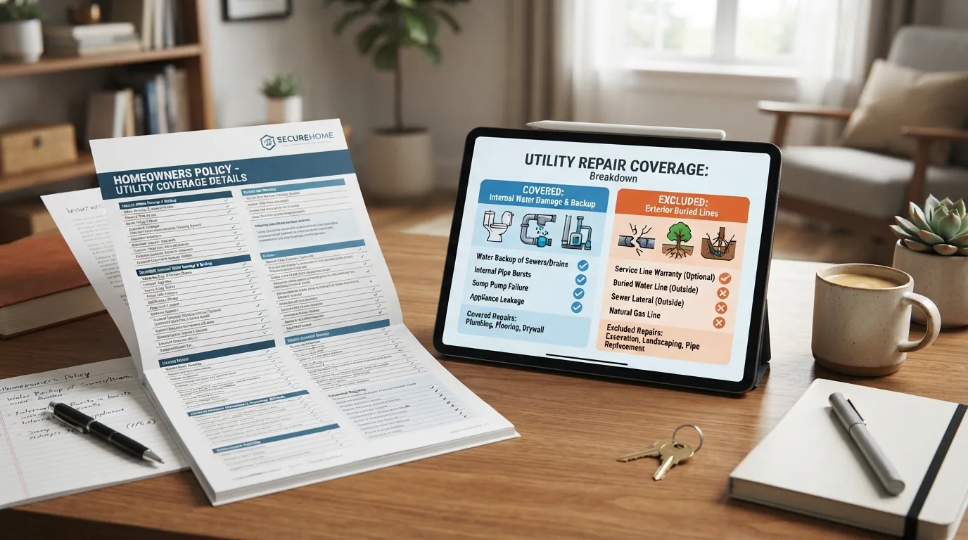 A close-up view of a standard homeowners insurance policy document next to a digital tablet displaying underground sewer line repair information and coverage details.