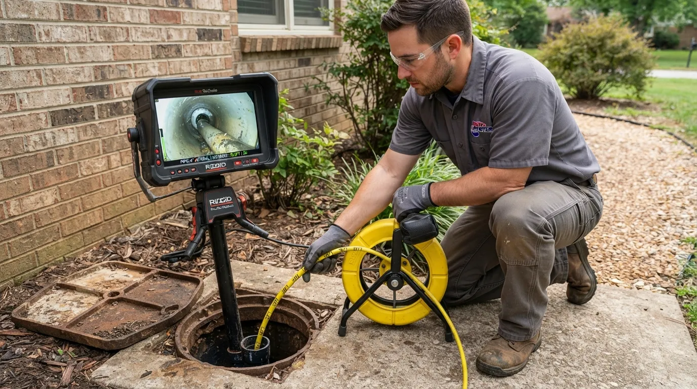 Professional plumber maneuvering a flexible fiberglass rod sewer inspection camera around tight pipe bends and underground obstacles.