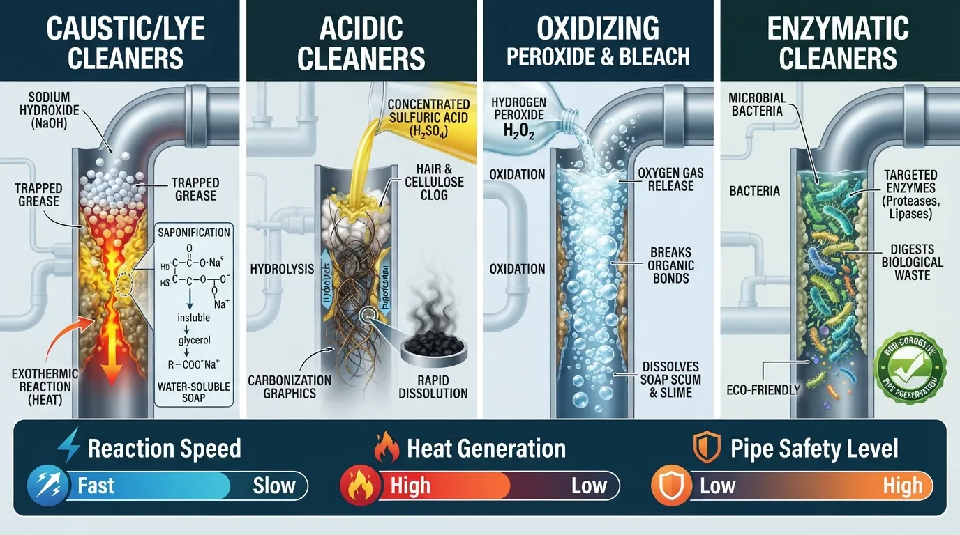 Infographic illustrating the scientific chemical reactions of caustic, acidic, oxidizing, and enzymatic drain cleaners breaking down hair, grease, and organic clogs in plumbing pipes.