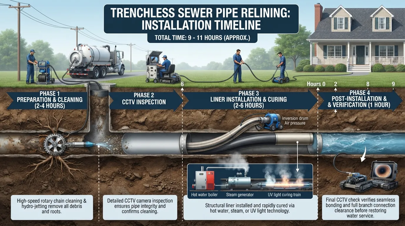 A comprehensive breakdown chart showing the one to two day timeline for trenchless sewer pipe relining, including preparation, cleaning, liner installation, curing, and final inspection steps.