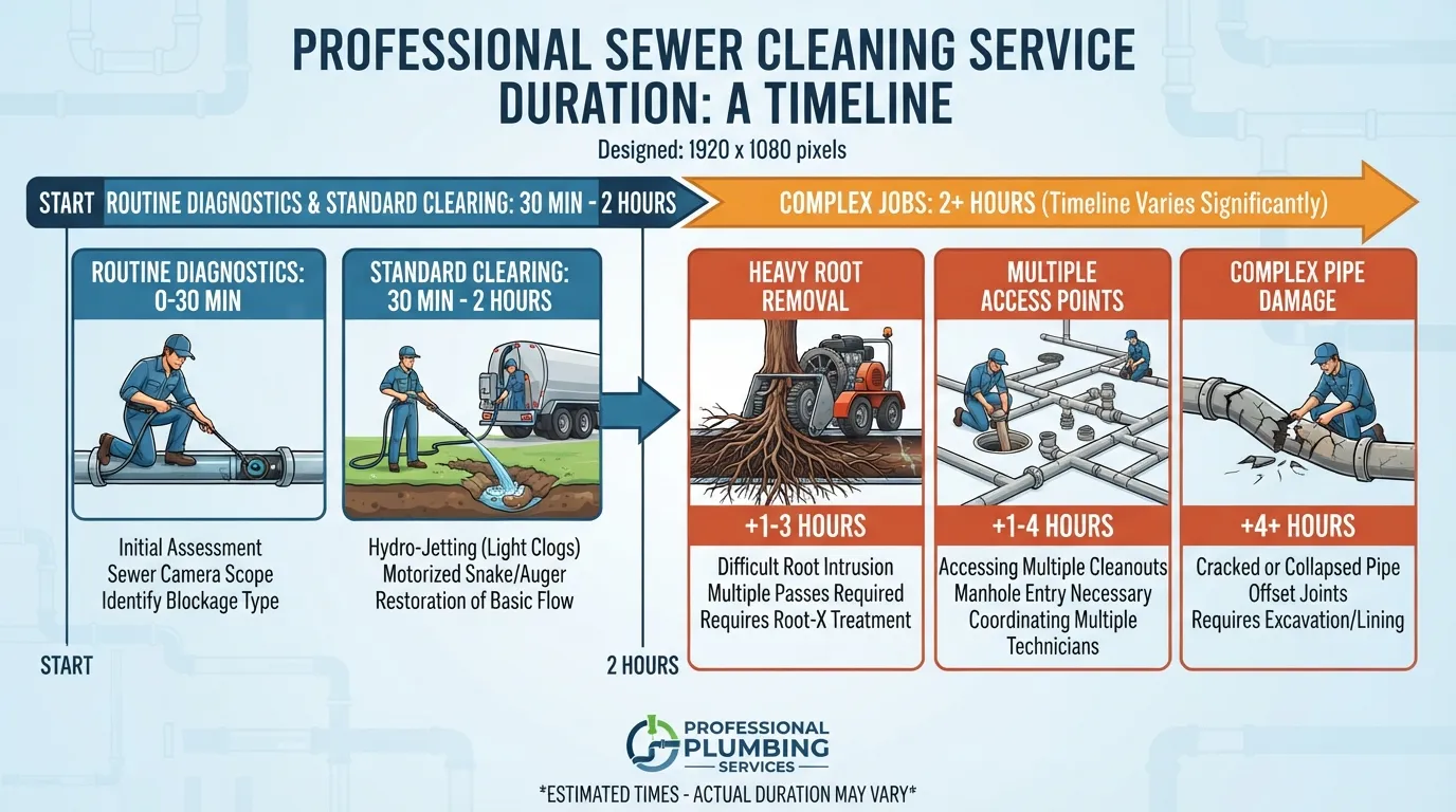A plumber reviewing service timelines and diagnostics during a professional sewer cleanout process.