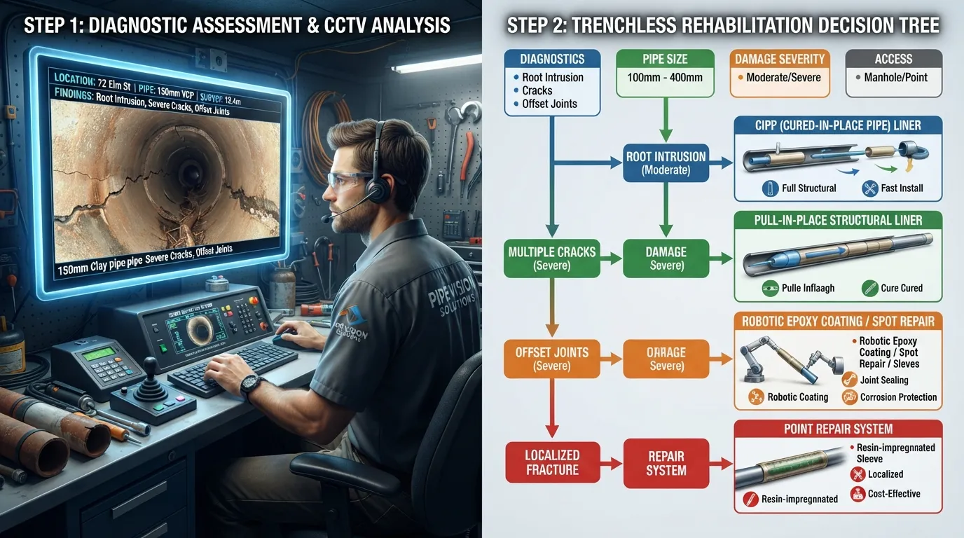 Professional plumber reviewing high-definition CCTV camera inspection footage on a digital monitor to determine the correct trenchless pipe lining method.