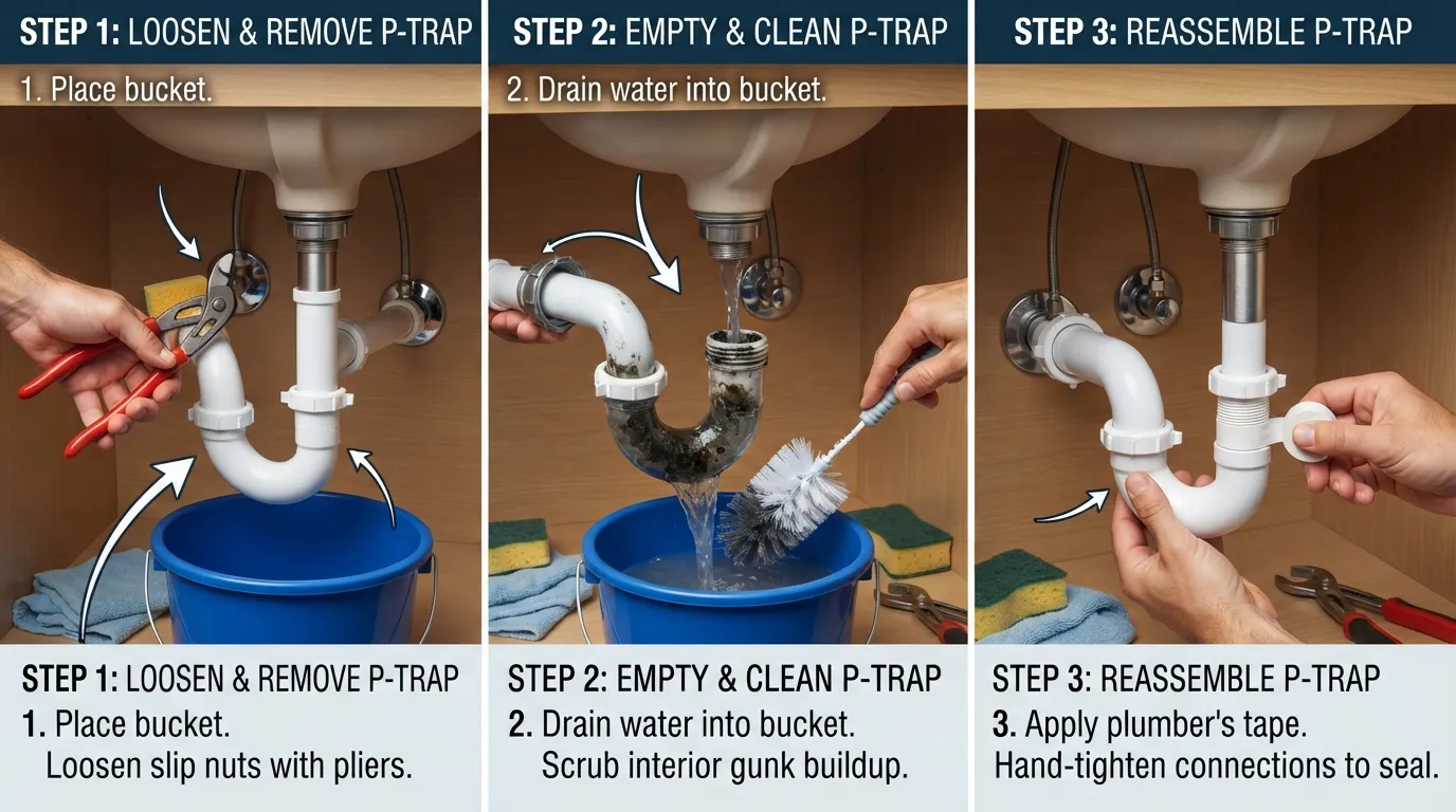 Plumber removing and cleaning an under-sink P-trap to clear gunk buildup and eliminate foul drain odors