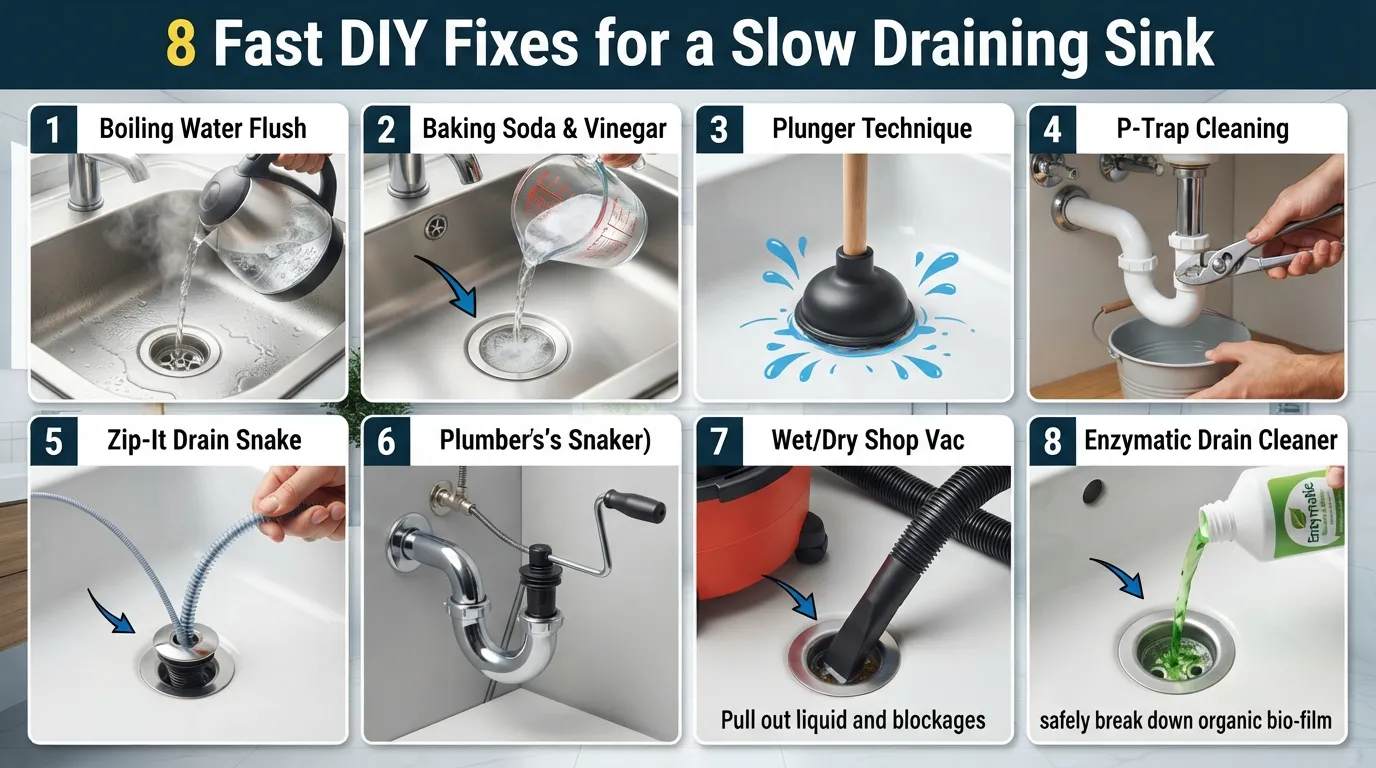 An informational step-by-step visual diagram illustrating eight effective DIY methods to clear a slow draining bathroom or kitchen sink, including using a plunger, drain snake, baking soda and vinegar mixture, and cleaning the P-trap.