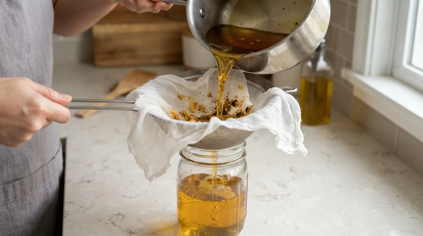 A person carefully pouring warm used cooking oil through a fine mesh strainer layered with cheesecloth into a glass storage jar on a kitchen counter.
