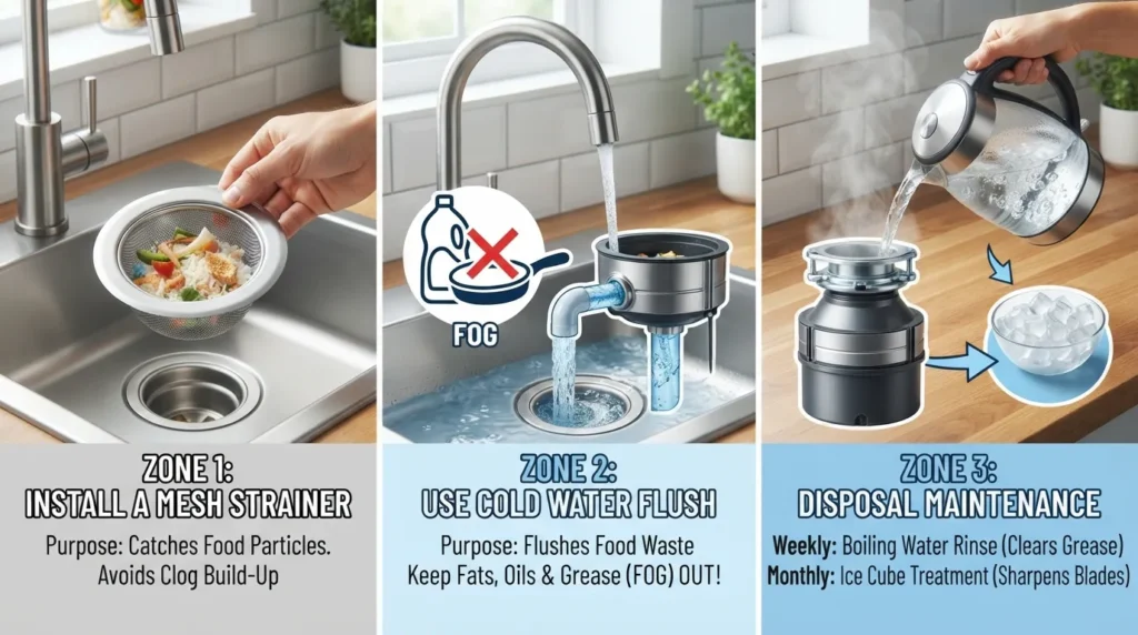 Person placing a stainless steel mesh strainer into a kitchen sink drain alongside cold water and cleaning tools to prevent future clogs.