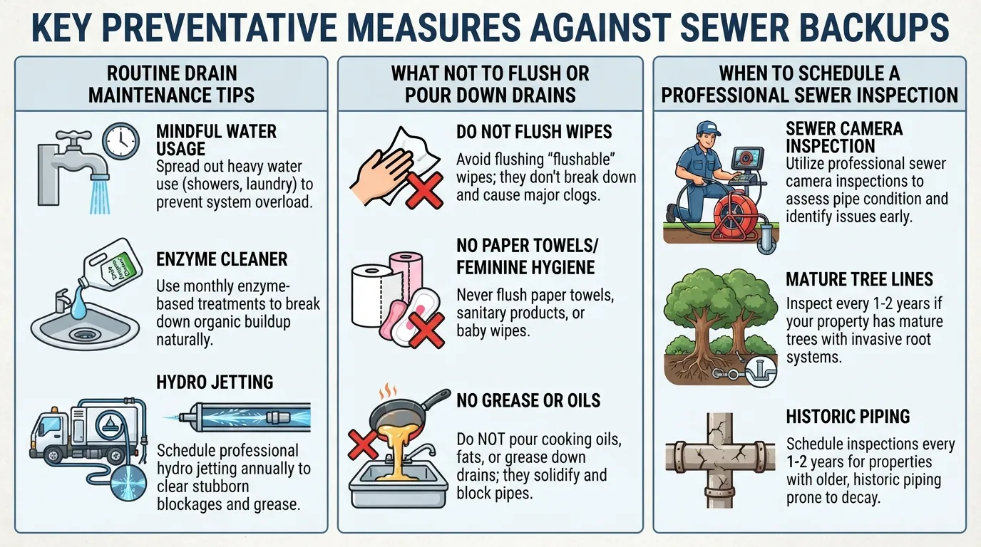 Comprehensive plumbing graphic showing routine drain maintenance tips, what not to flush down drains, and professional sewer inspection schedules.