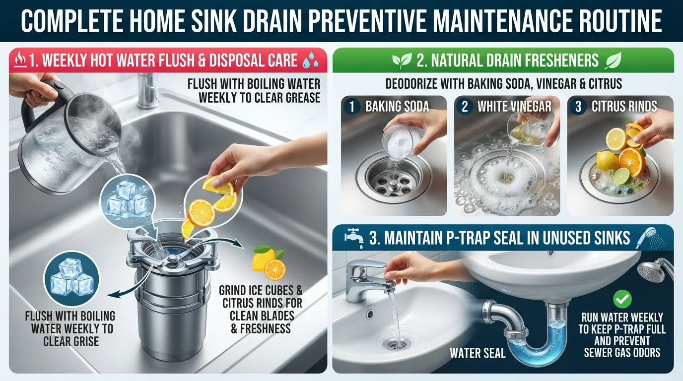 Infographic showing weekly maintenance steps and natural drain fresheners like baking soda, vinegar, and citrus to prevent sink odors.