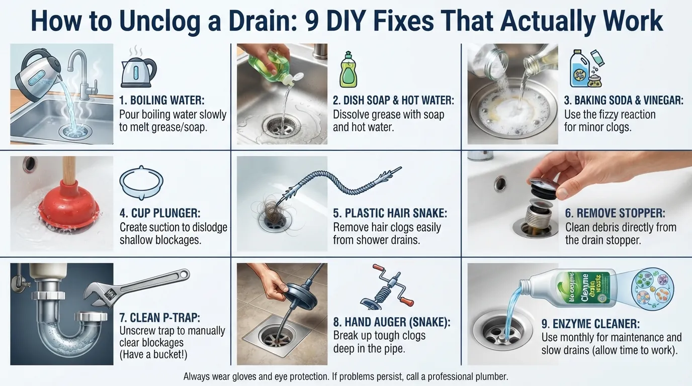 Step-by-step infographic showing nine proven DIY methods to unclog a household sink or tub drain safely.