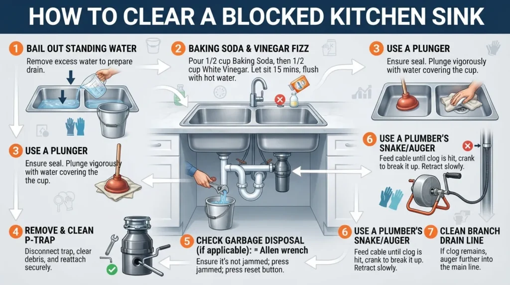 Step-by-step visual guide showing household tools and methods to unclog a kitchen sink including a plunger, baking soda, vinegar, and a P-trap wrench.