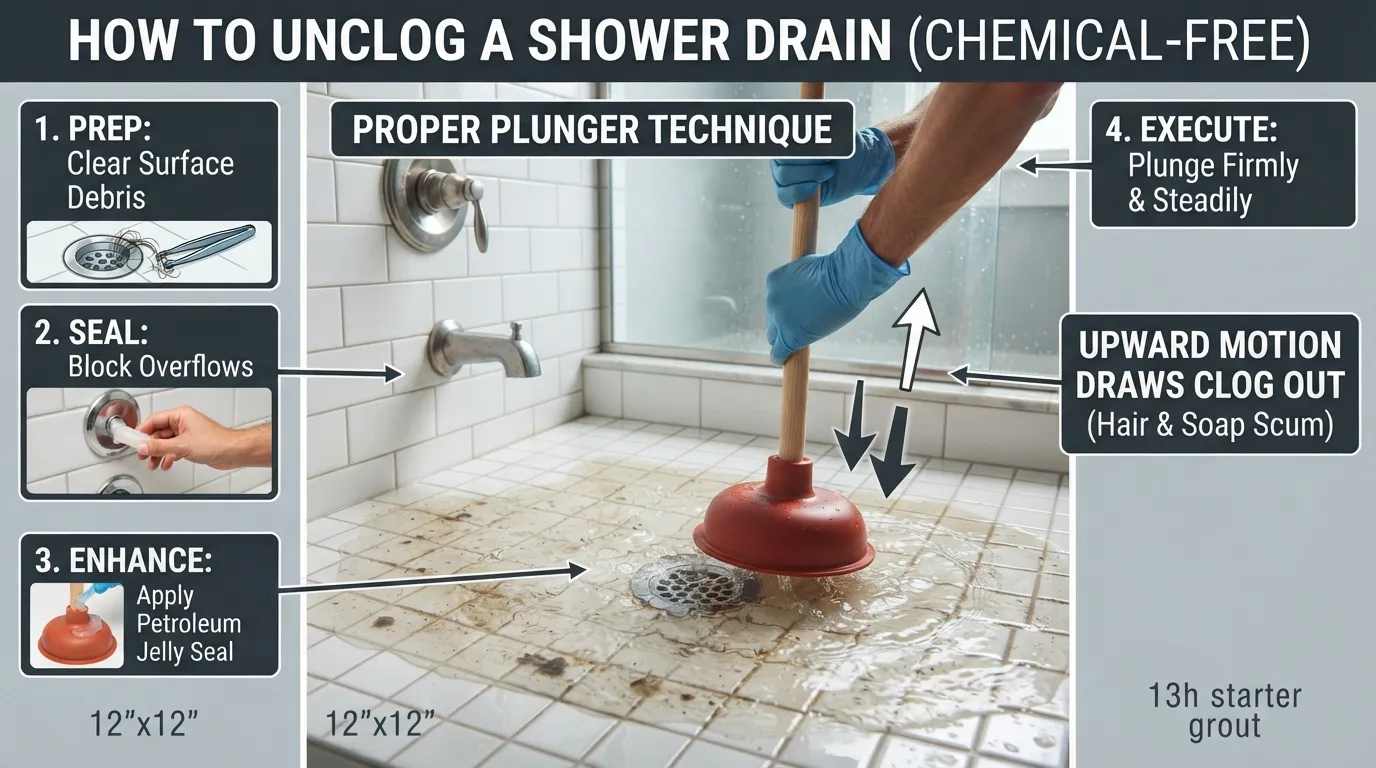 Close-up view of a cup plunger sealing a shower drain with standing water during a DIY unclogging process.