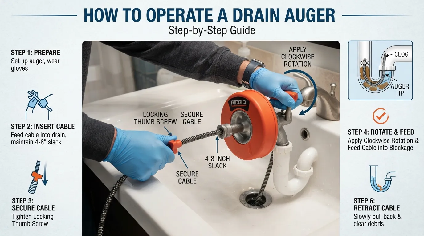 Hands demonstrating how to insert and crank a manual drain auger into a pipe to clear a plumbing clog step by step.