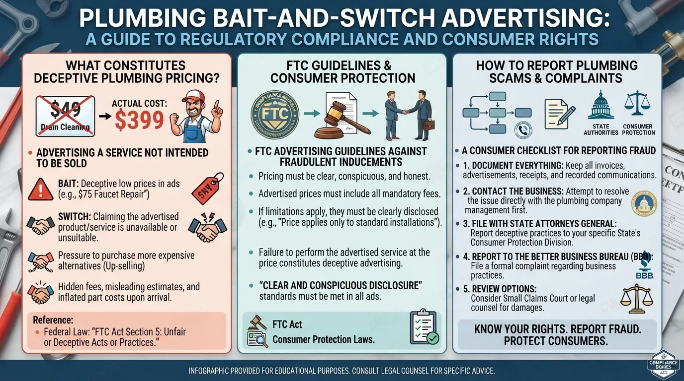 An informational infographic explaining consumer protection rules, FTC guidelines, and how to report bait-and-switch pricing and deceptive advertising practices.