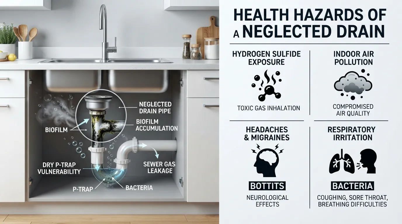 Close-up of a kitchen sink with a glowing warning icon highlighting sewer gas and health risks from a smelly drain