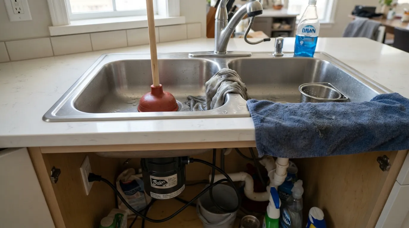 Person using a cup plunger on a kitchen sink drain connected to a garbage disposal unit with power unplugged