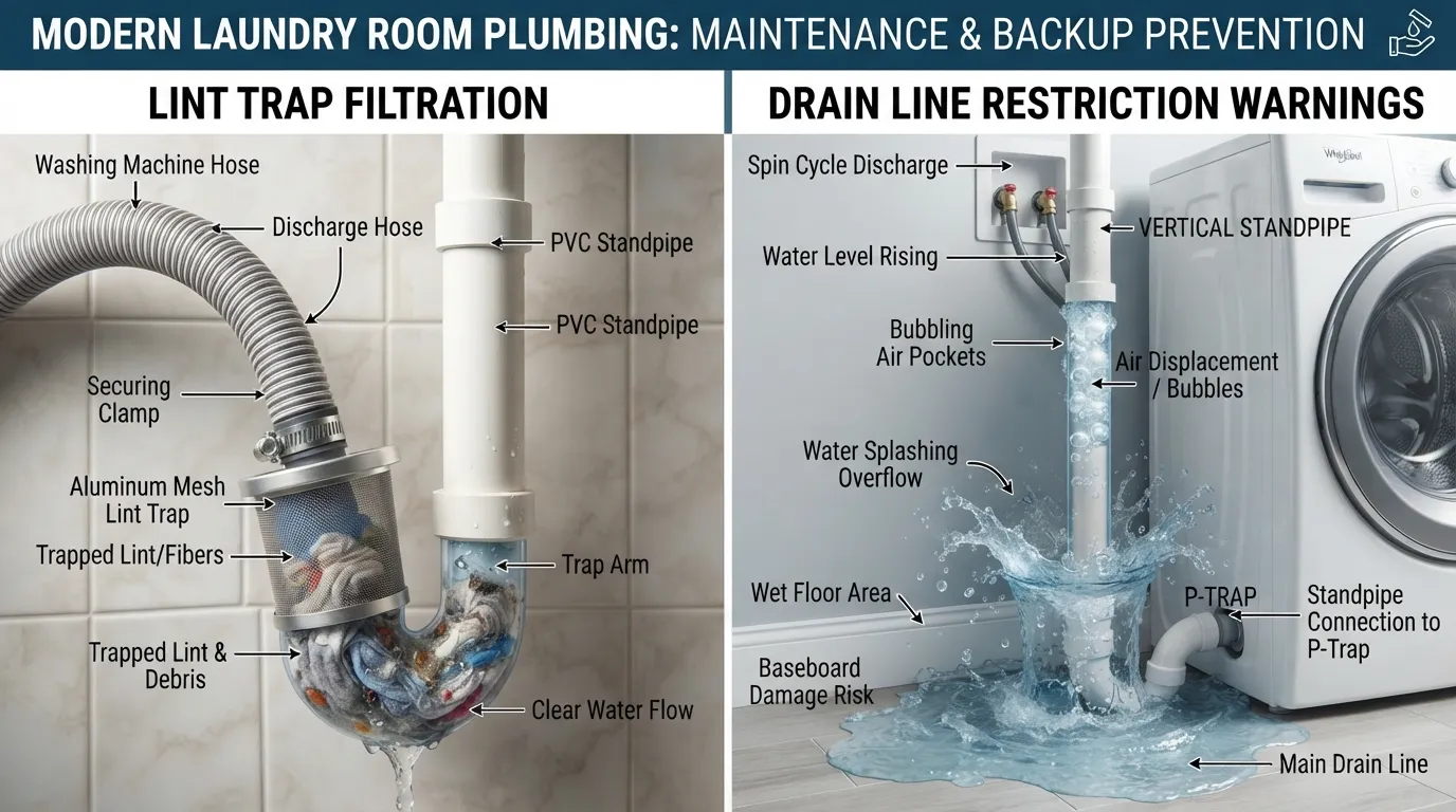 Diagram showing a washing machine drain hose connected to a wall standpipe with a mesh lint trap catching laundry lint to prevent drain clogs.