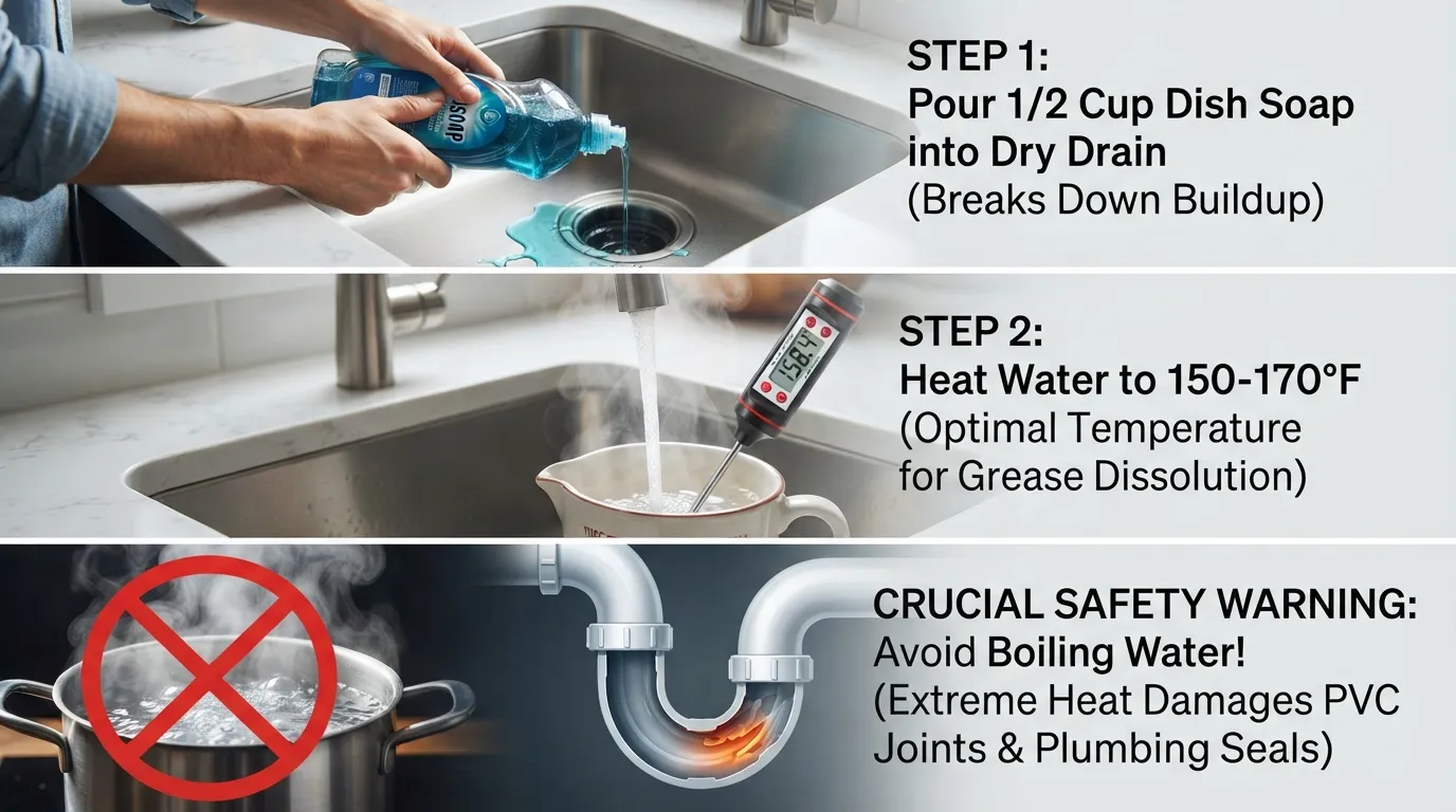 Plumber demonstrating a controlled hot water and dish soap flush to clear a grease-clogged kitchen sink without harsh chemicals.