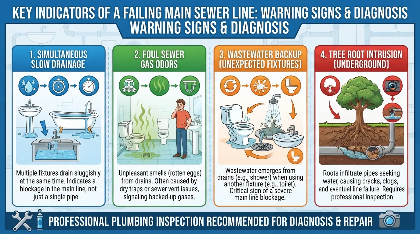 Plumbing diagram and fixtures showing symptoms of a clogged main drain line, including multiple slow drains and sewage backups.