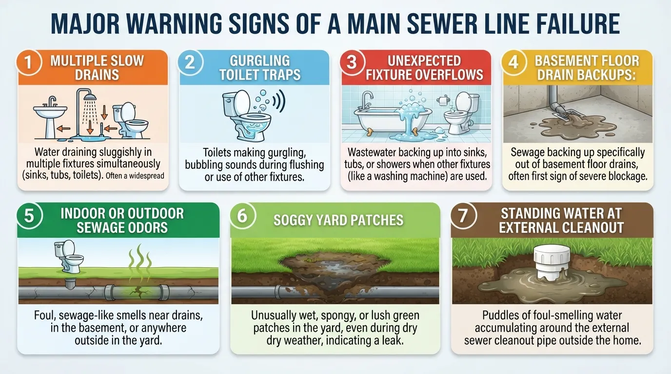 Infographic illustrating the 7 key warning signs of a main sewer line blockage, including slow drains, gurgling toilets, and backups.