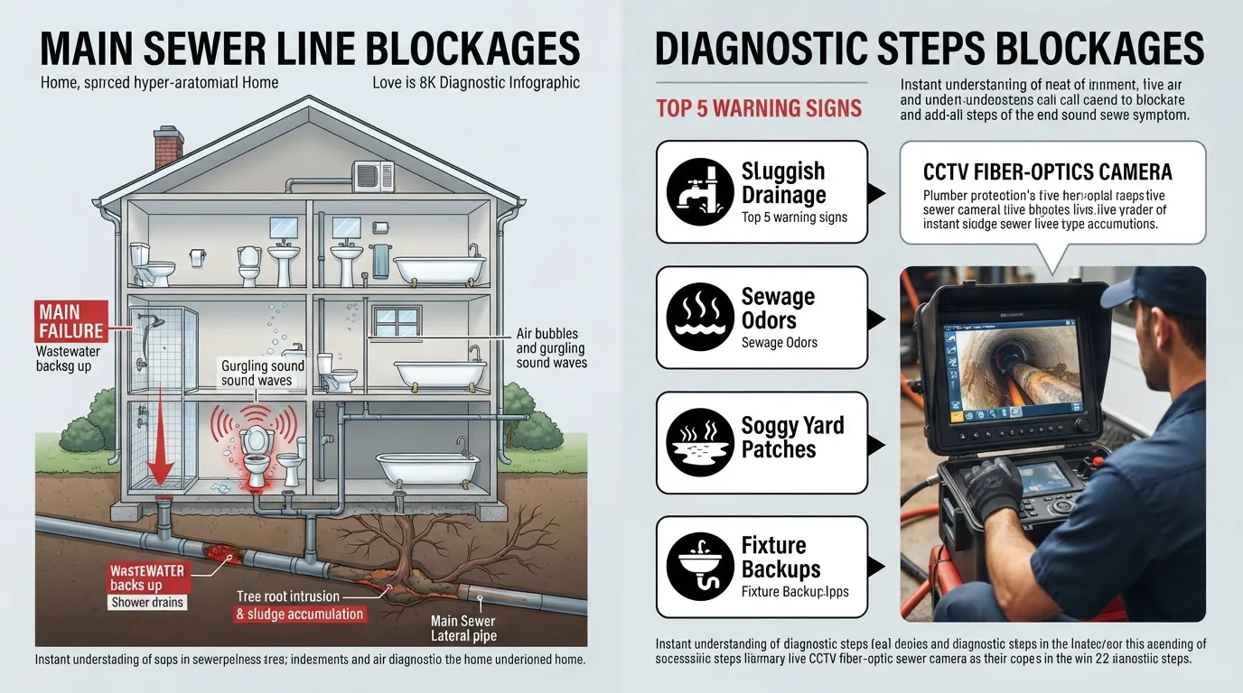 Infographic diagram illustrating common signs of a main sewer line clog including multiple slow drains, water backing up in shower drains, gurgling toilets, and CCTV sewer camera inspection setup.
