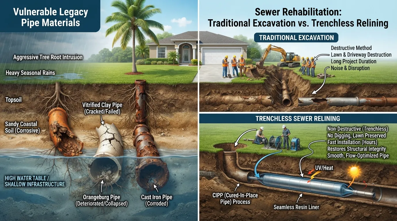 Cross-section diagram illustrating Miami aging sewer pipes, high water tables, and trenchless lining repair methods