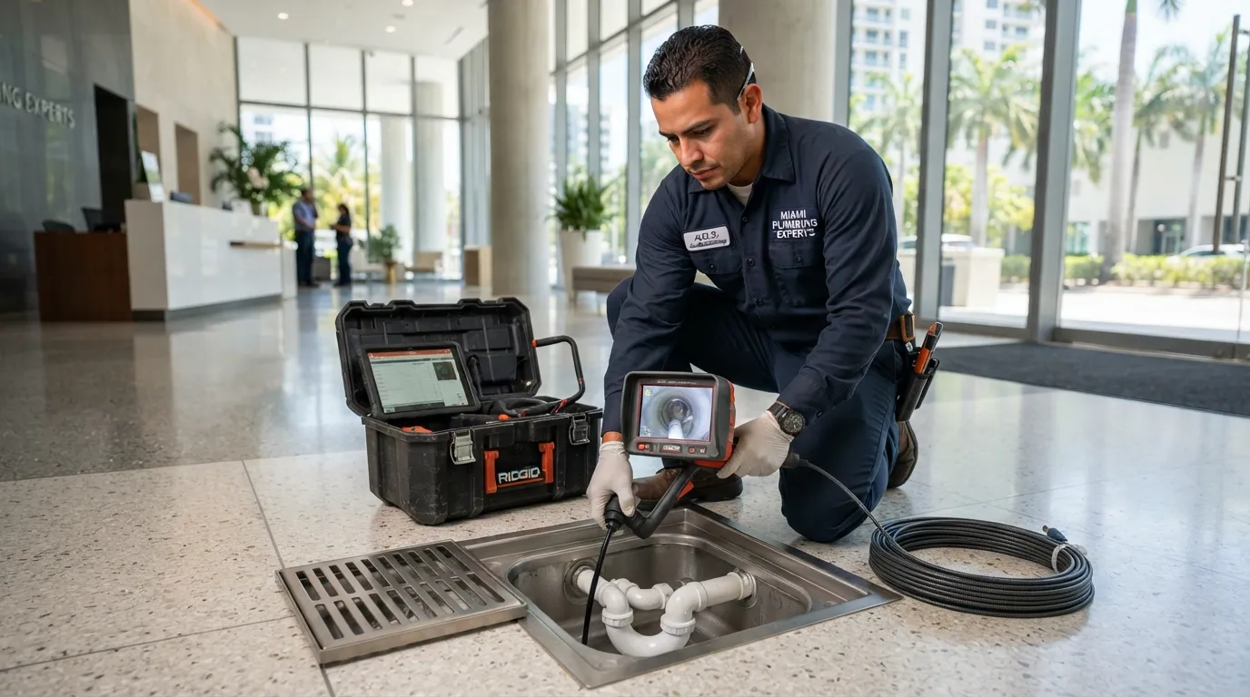 Professional plumber in Miami inspecting and repairing a residential floor drain to prevent backups.