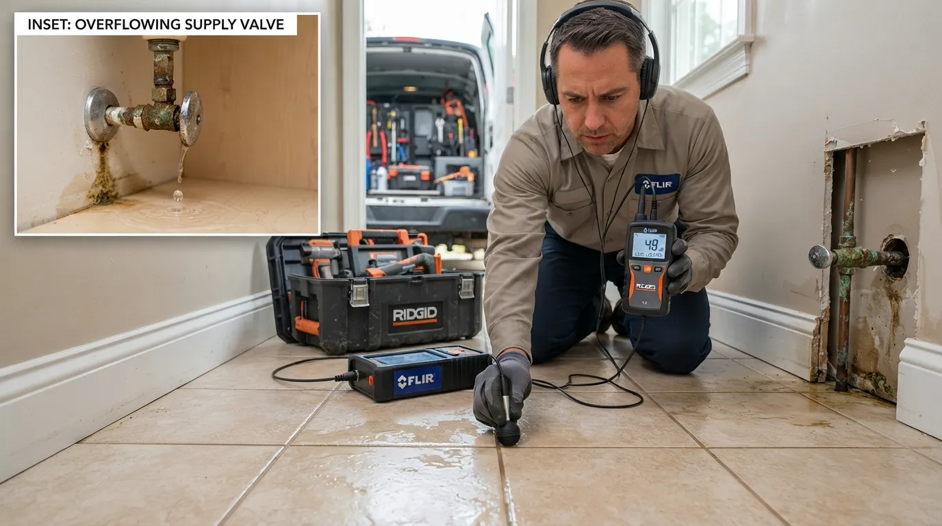 Licensed plumber performing professional leak detection to find hidden water pipe leaks and severe overflows in a Miami home.
