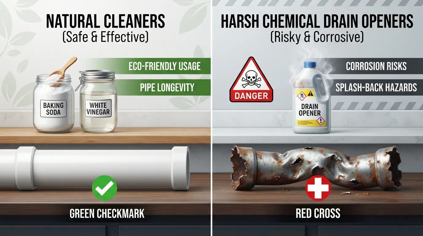 Infographic comparing natural drain cleaners like baking soda and vinegar against harsh chemical drain openers, highlighting safety and pipe protection.