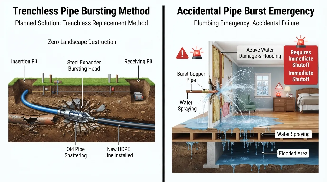 Side-by-side comparison diagram showing the trenchless pipe bursting replacement process on the left and an emergency accidental pipe burst leak on the right.