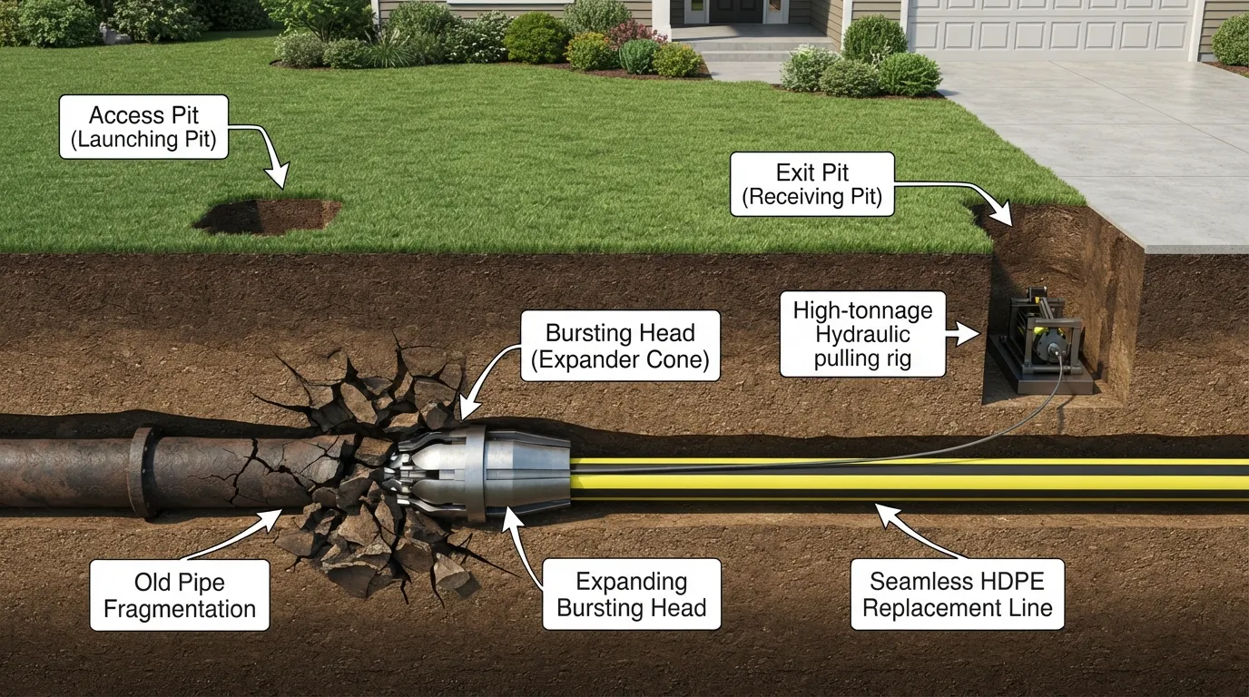 Diagram showing the trenchless pipe bursting process breaking an old underground sewer line while pulling a new HDPE pipe into place through entry and exit pits.