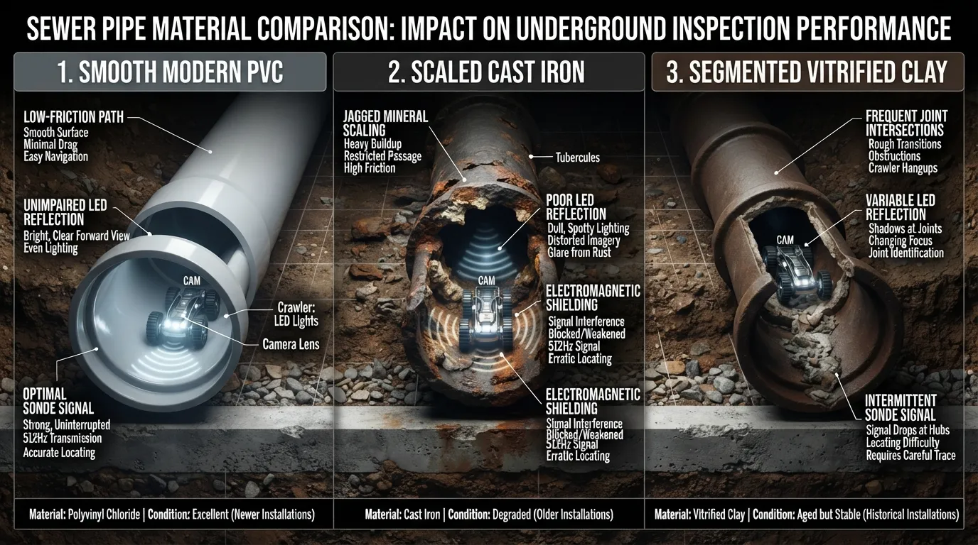 Cross-section view of PVC, cast iron, and clay pipes showing how different materials affect sewer camera navigation and signal accuracy.