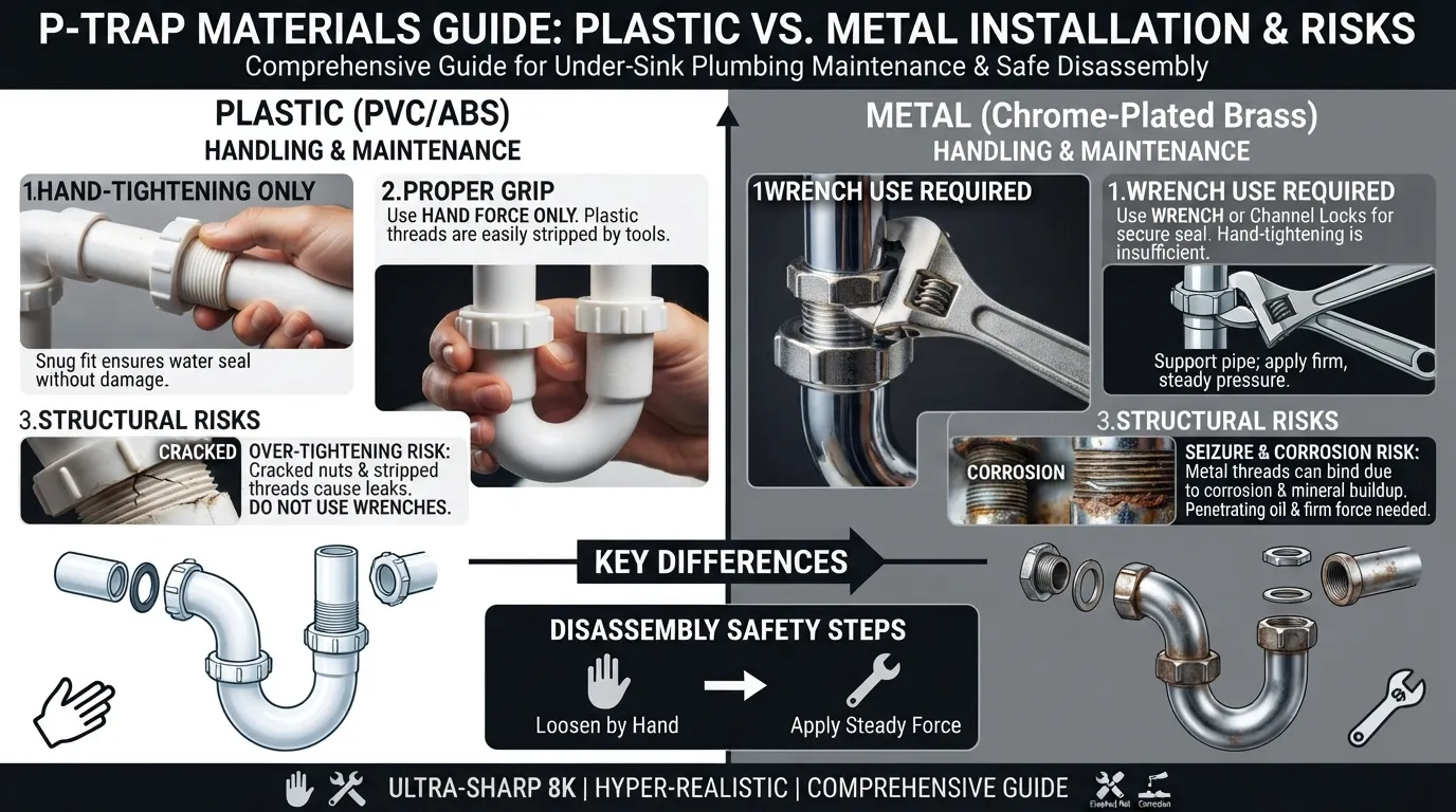 Comparison of plastic and metal P-trap plumbing under a sink showing pipe materials and slip nut connections.