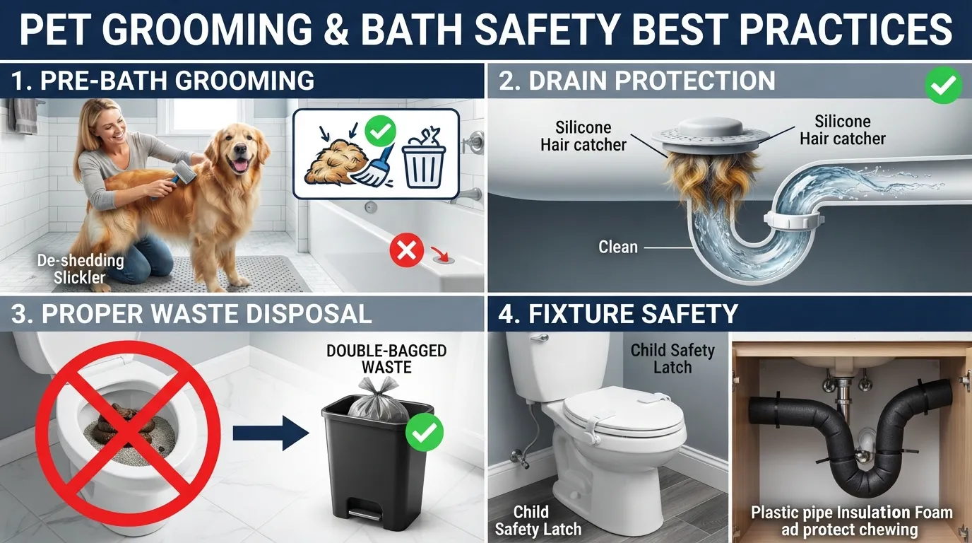 Infographic illustrating four key plumbing tips for pet owners to prevent clogs, showing pre-bath brushing, installing drain guards, trash-only disposal for cat litter, and securing toilet lids.