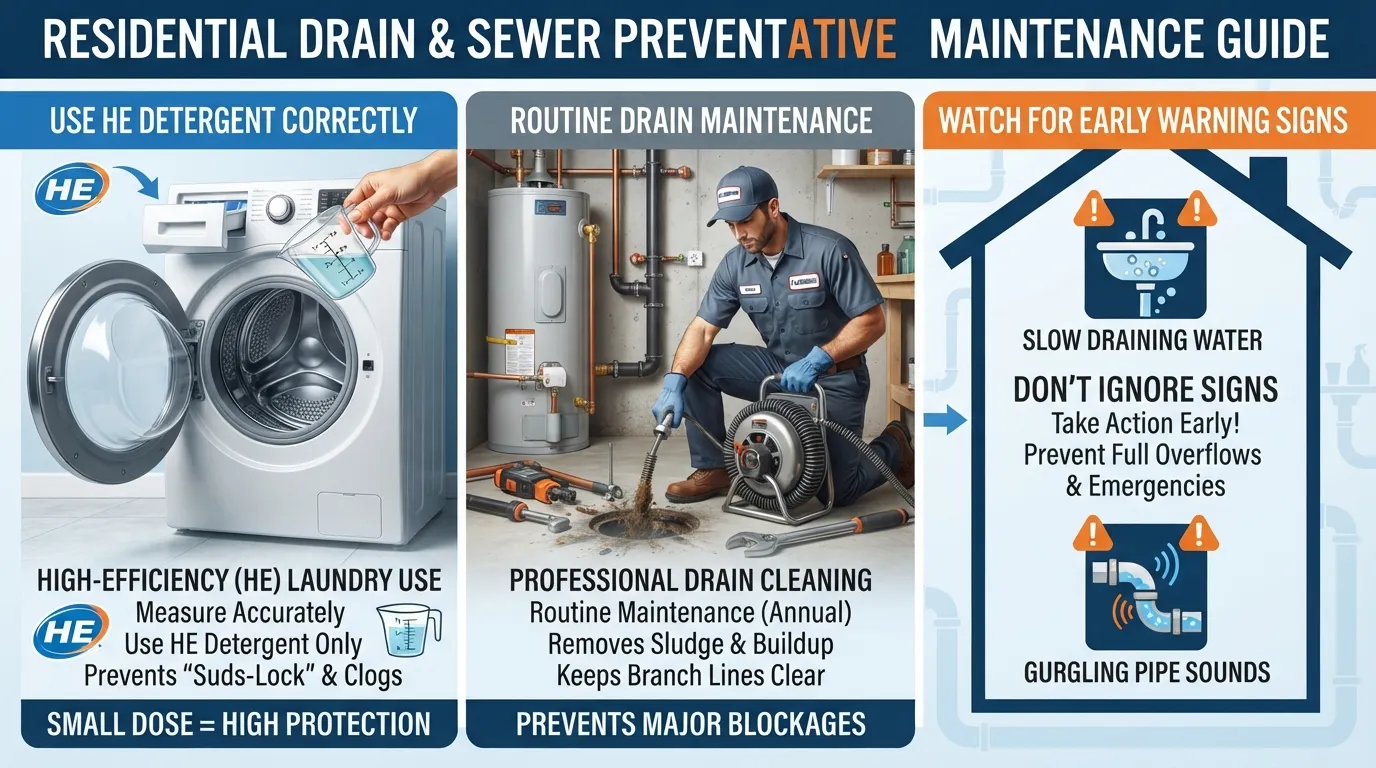 Infographic showing plumbing prevention tips for washing machine drain overflows, including checking HE detergent types, scheduling routine drain cleaning, and monitoring early warning signs.