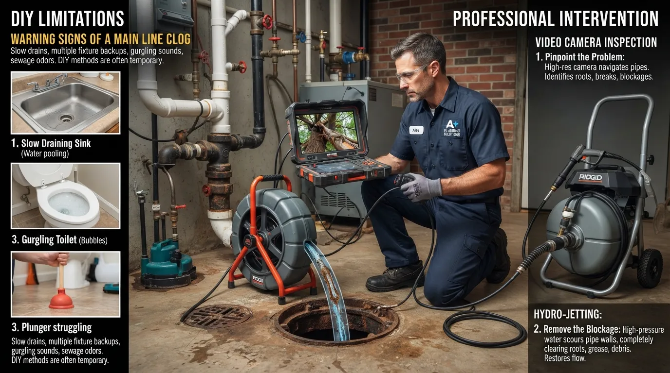 A licensed plumber using a video camera inspection system to diagnose a severe main line clog under a residential sink.