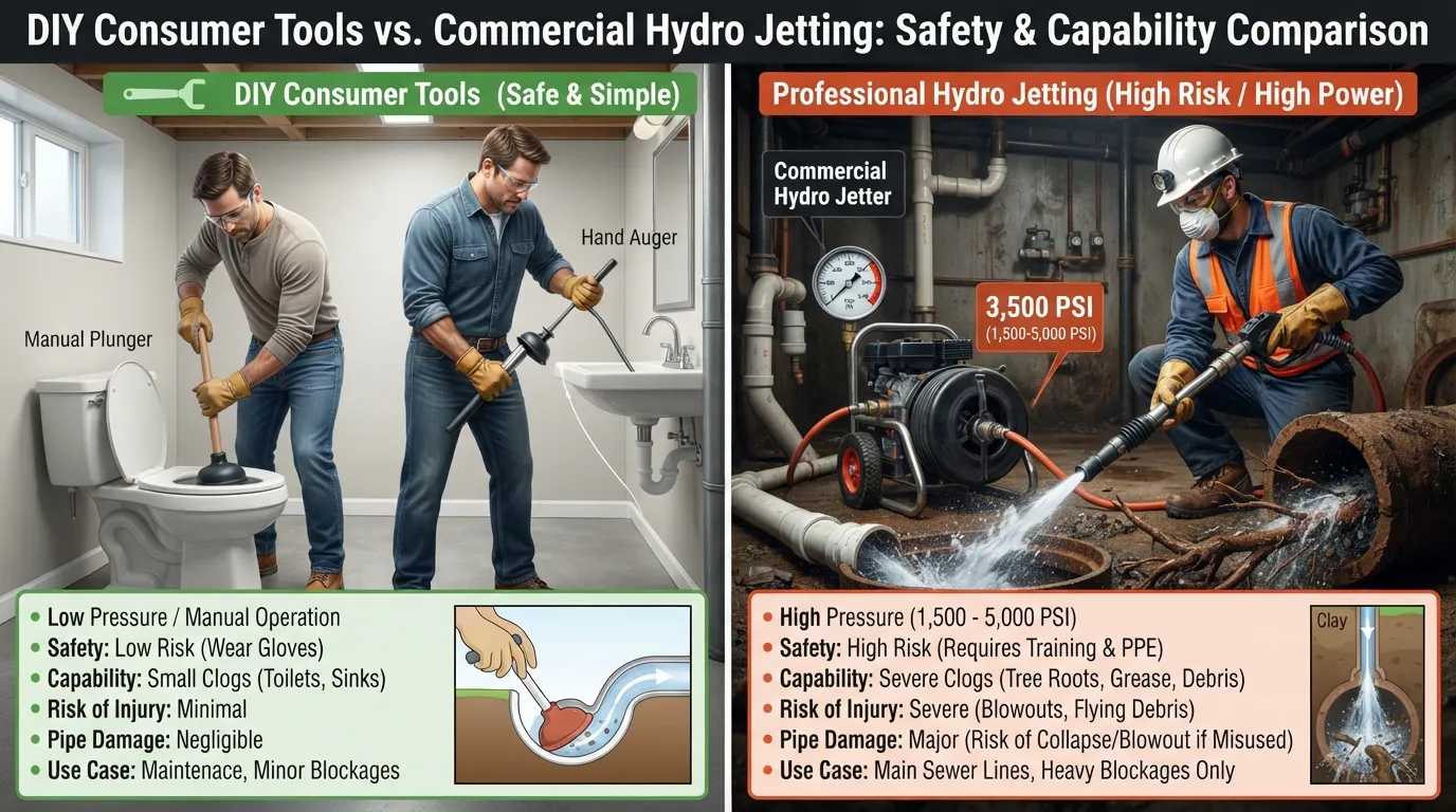 Licensed plumber operating commercial water jetting equipment safely on a main sewer line.