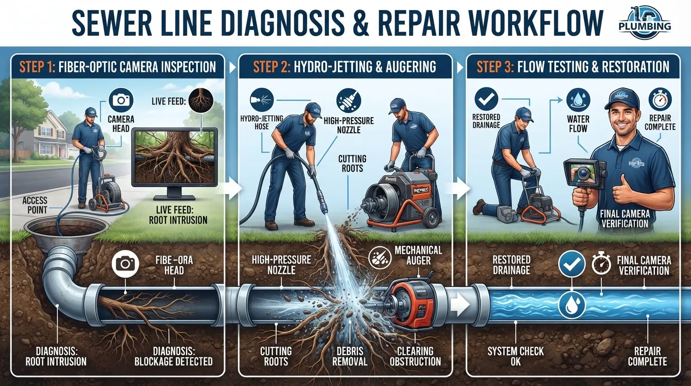 A professional plumber using a sewer camera and specialized equipment to diagnose and fix a main line blockage