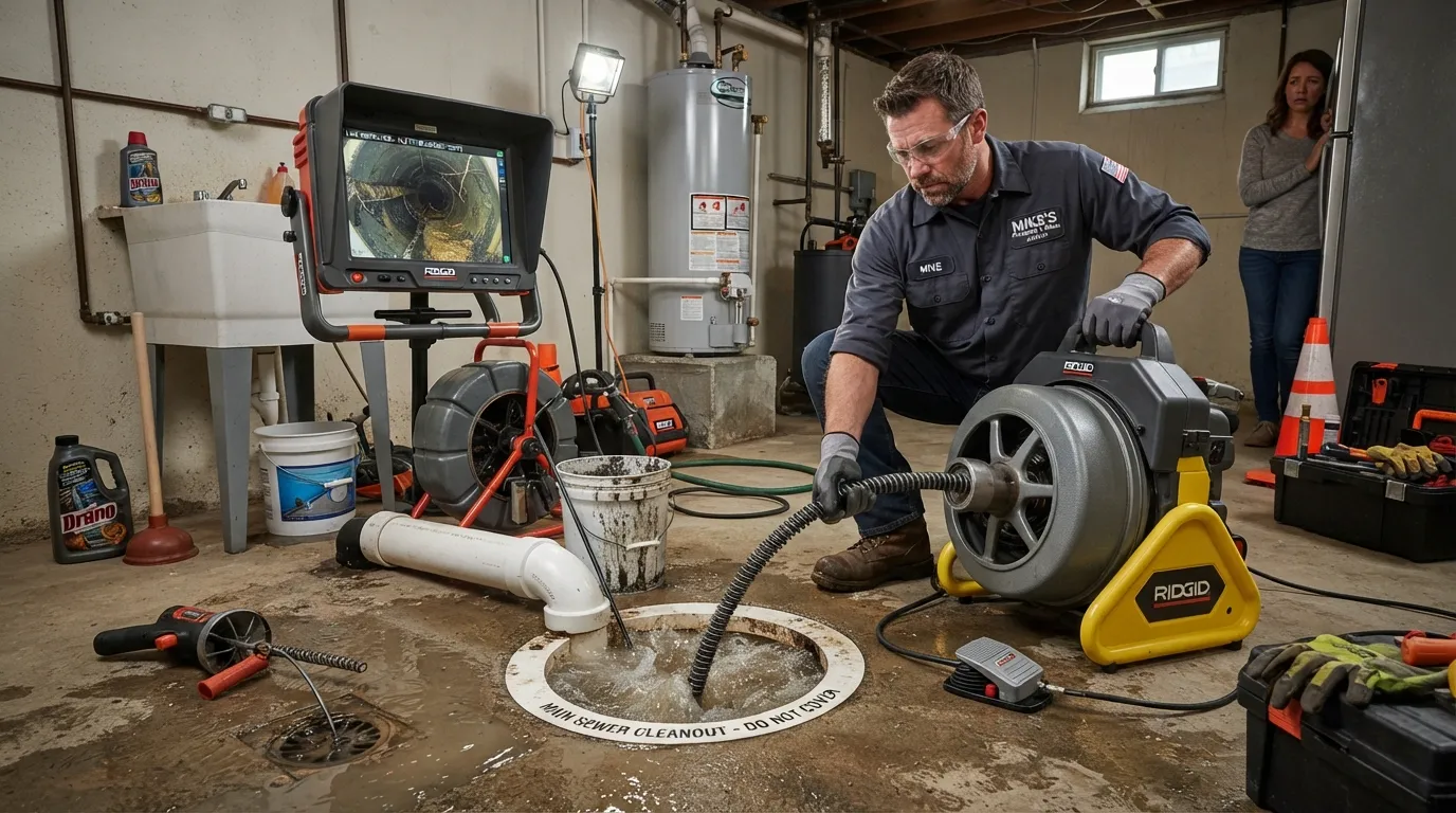 A professional plumber using specialized diagnostic and clearing equipment to fix a severe main line sewer backup and clogged drainage system.