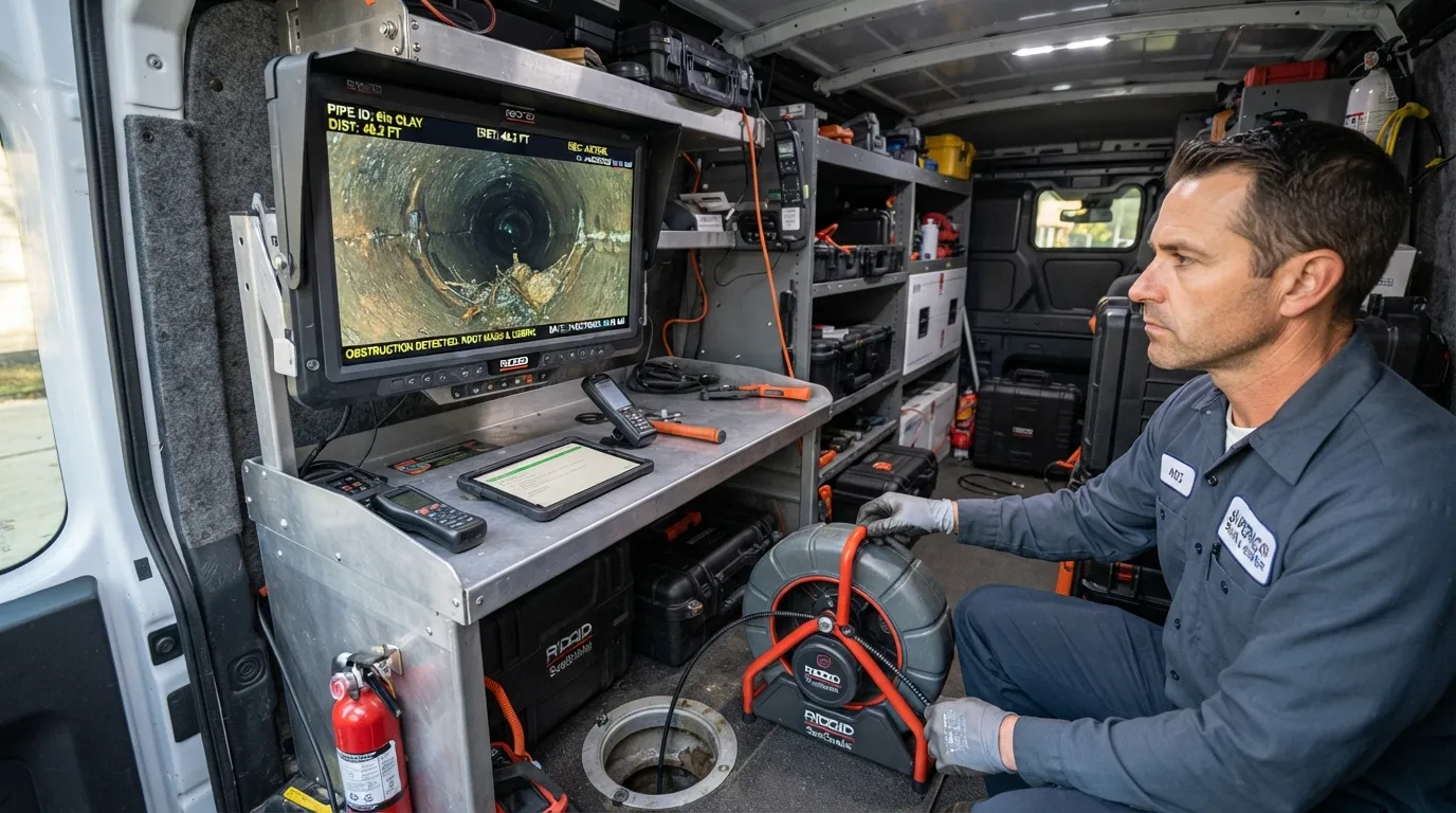 A plumbing technician examining a live high-definition monitor during an underground sewer camera inspection prior to water jet cleaning.