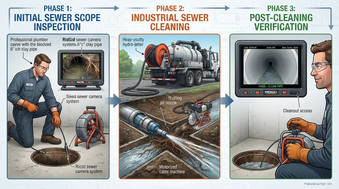 Professional plumber using advanced equipment and video camera inspection for a main sewer line cleaning job