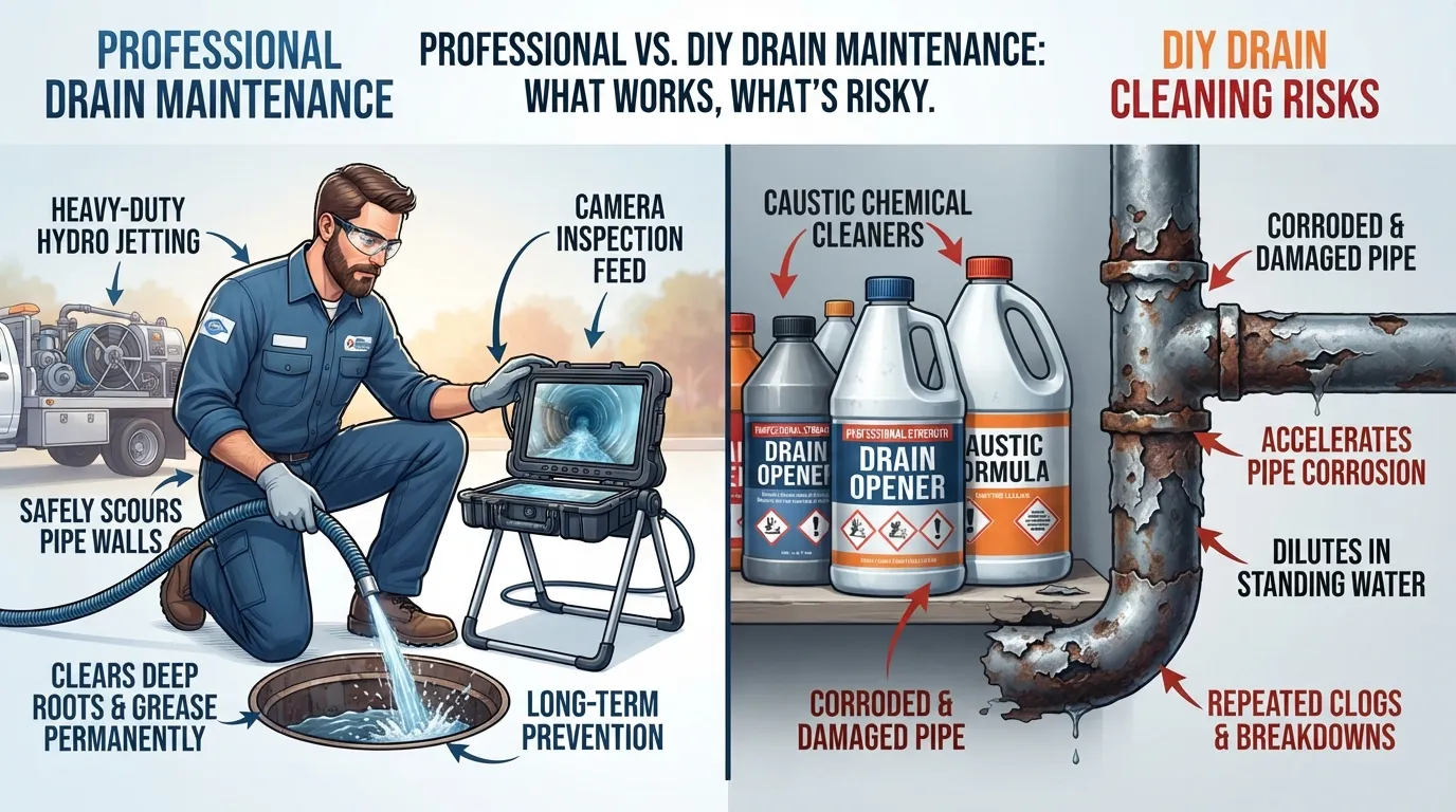 A side-by-side comparison showing professional hydro jetting equipment clearing a sewer line versus chemical drain cleaner bottles next to corroded pipes.