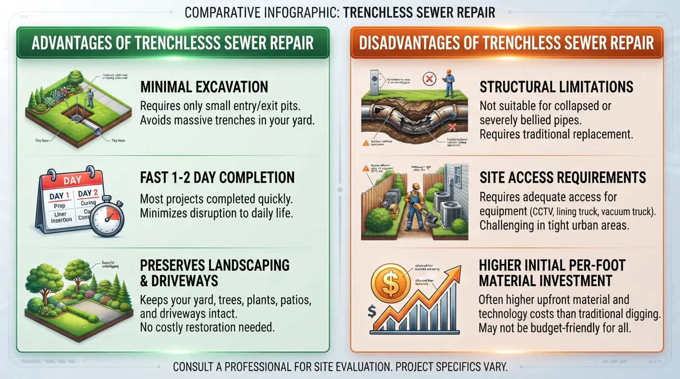 Infographic showing the pros and cons of trenchless sewer repair, comparing minimal excavation and fast installation with structural limitations and upfront costs.