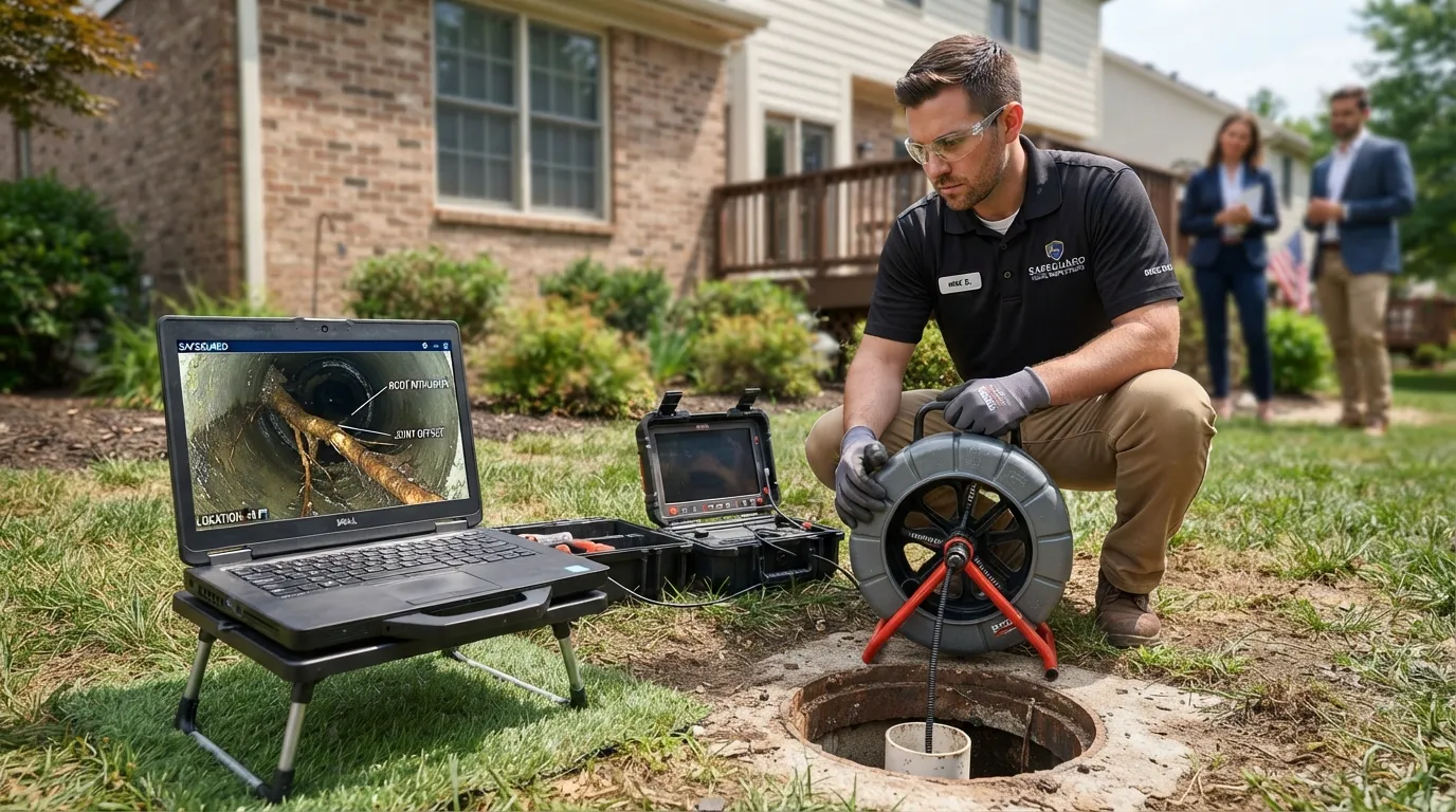 Plumbing technician reviewing a live digital monitor during a pre-purchase sewer camera inspection for a residential real estate transaction.