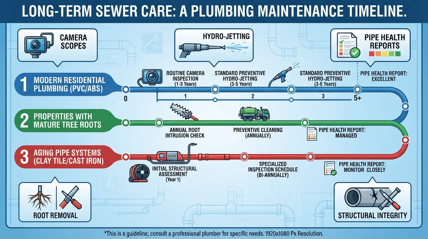 Infographic chart illustrating the recommended sewer cleaning maintenance schedule every 1 to 3 years for homes with aging pipes and nearby trees.