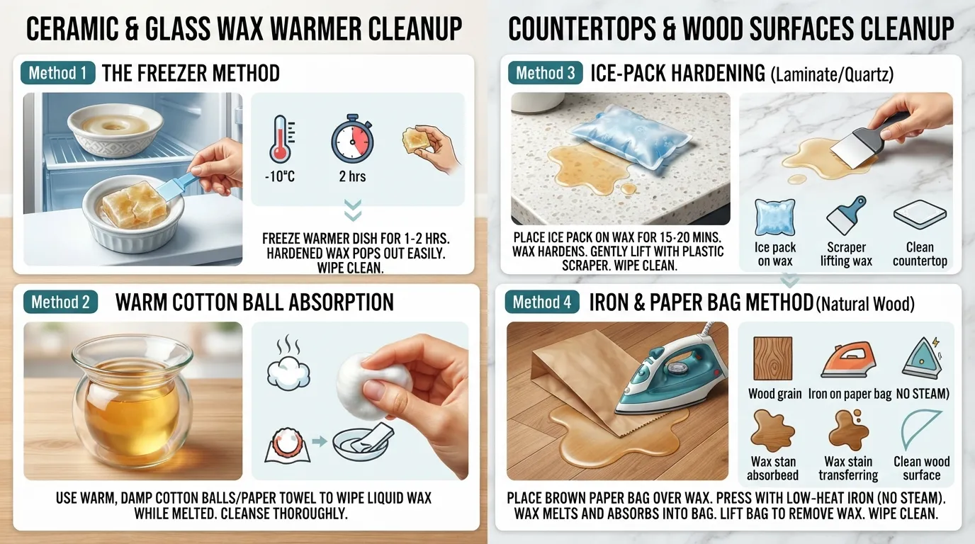 Infographic guide showing quick reference steps for cleaning candle wax from warmers, countertops, and wood surfaces.