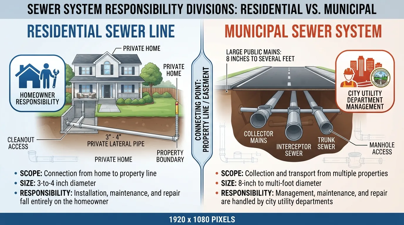 Side-by-side comparison chart illustrating the difference between residential sewer lines and municipal sewer systems, highlighting homeowner versus city maintenance responsibilities.