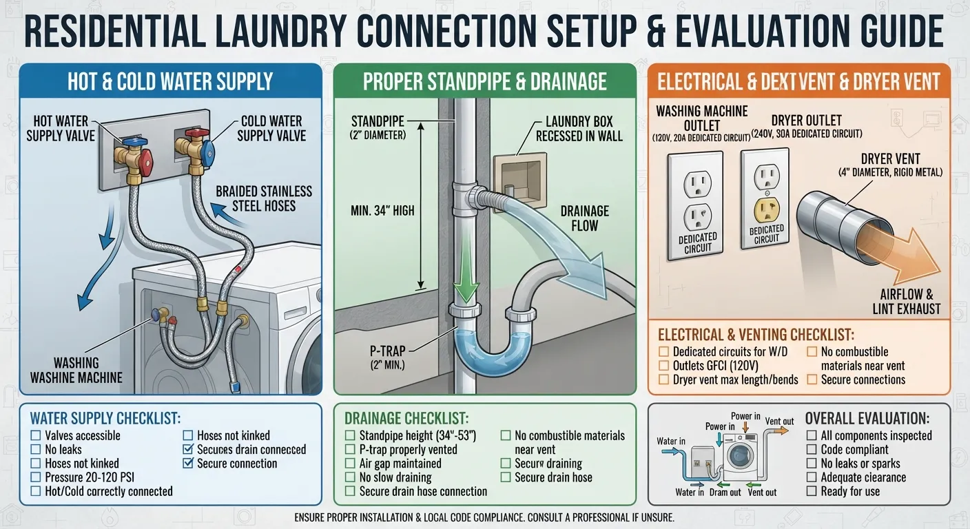 A detailed diagram comparing different laundry connections, showing water supply lines, drain pipes, and electrical hookups for washing machines.