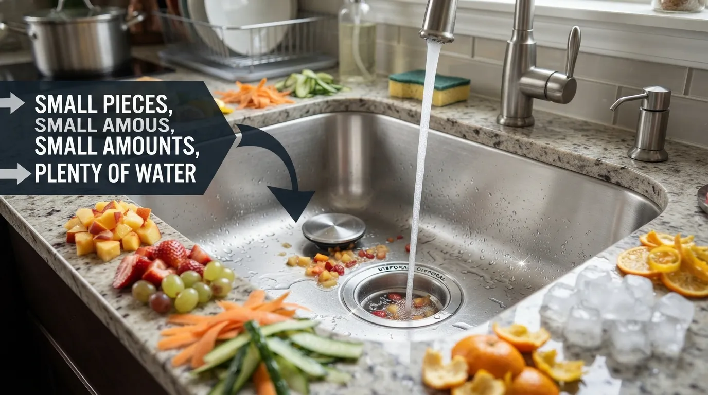 A collection of safe food scraps like soft fruit pieces, vegetable peelings, and cooked leftovers displayed near a kitchen sink to show what can be put down a garbage disposal.