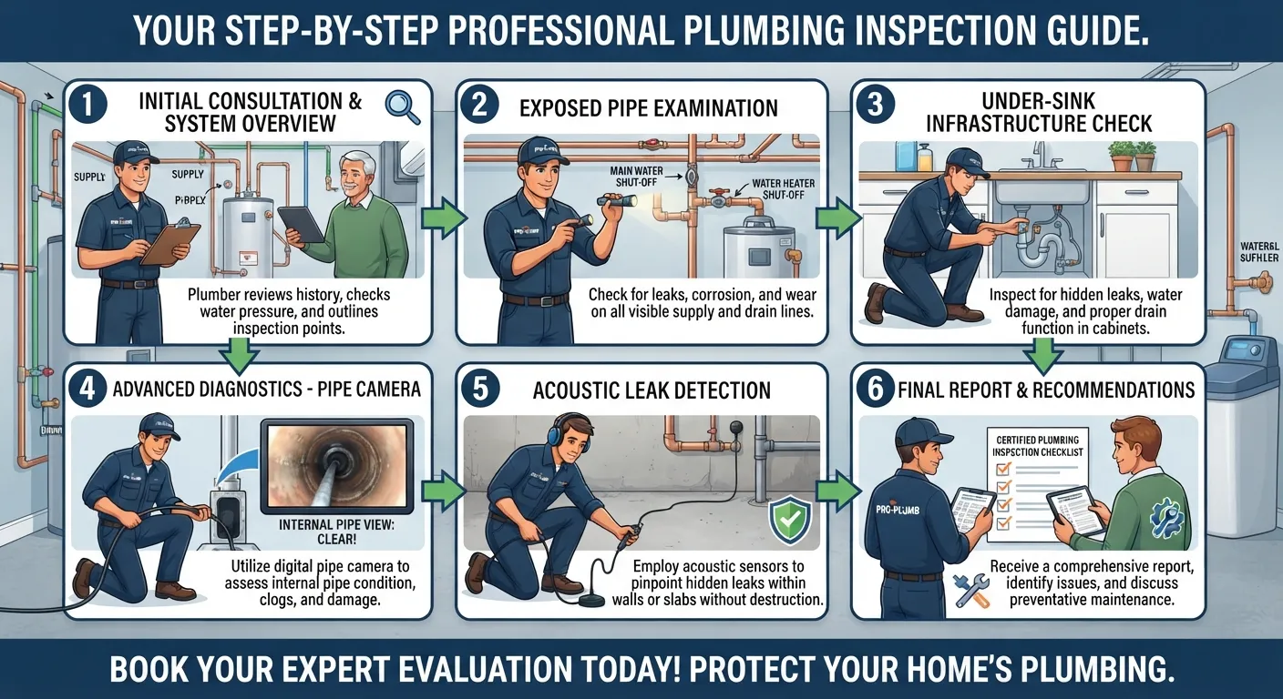 A licensed plumber inspecting a residential pipe system with diagnostic tools, representing a scheduled professional plumbing inspection.